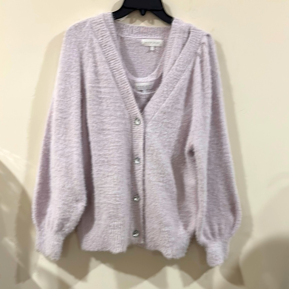 Ally Mae Lilac Sz L Fuzzy Women's Soft Knit Cardigan Sweater set